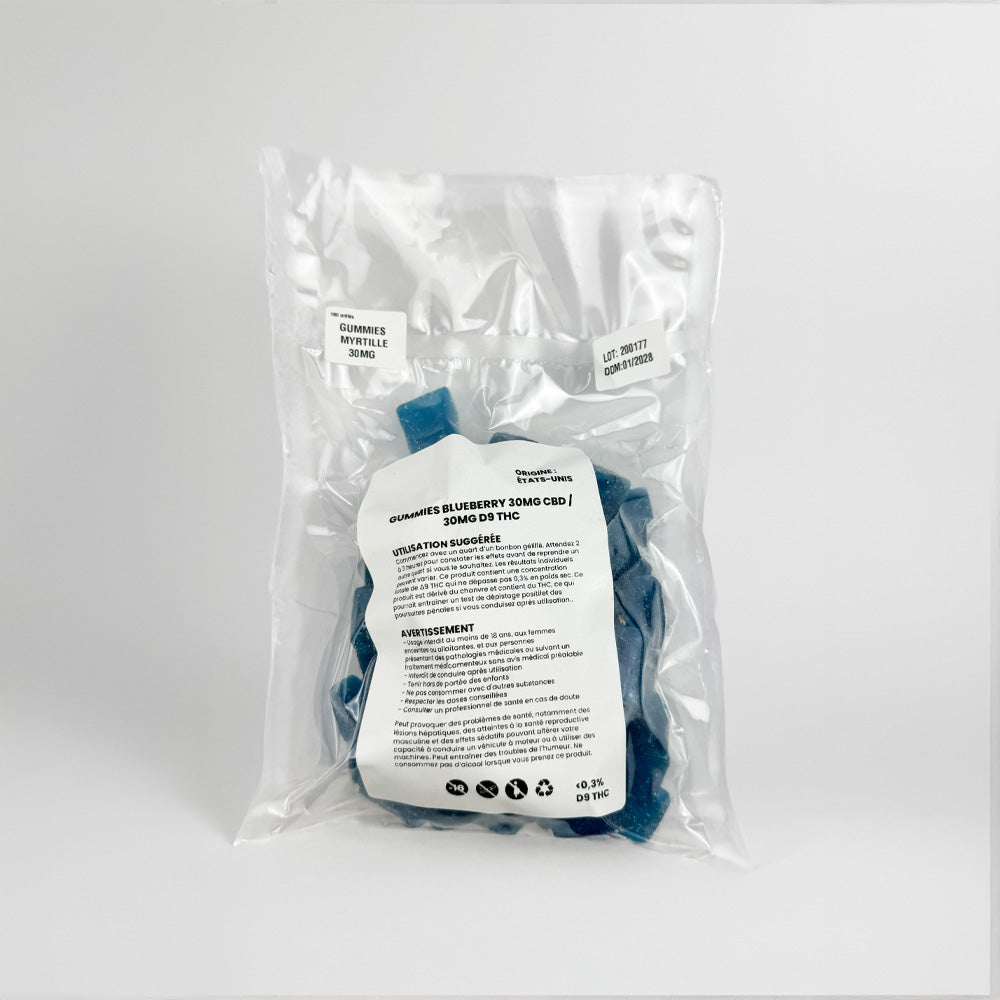 Pochon sous vide de gummies au THC goûts myrtille à 30mg de CBD recto